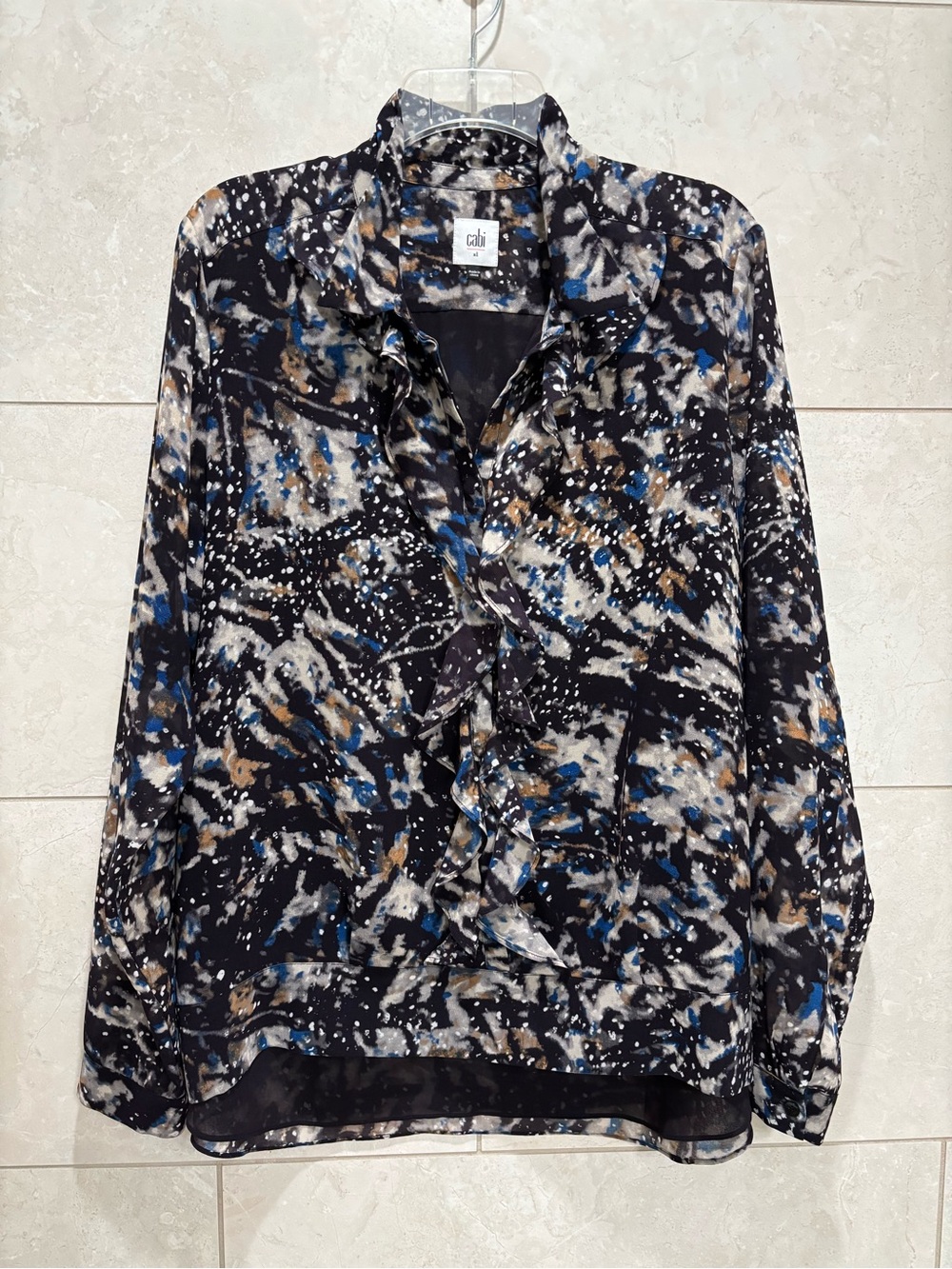 CAbi Abstract Ruffle Blouse - Black, Blue, Brown